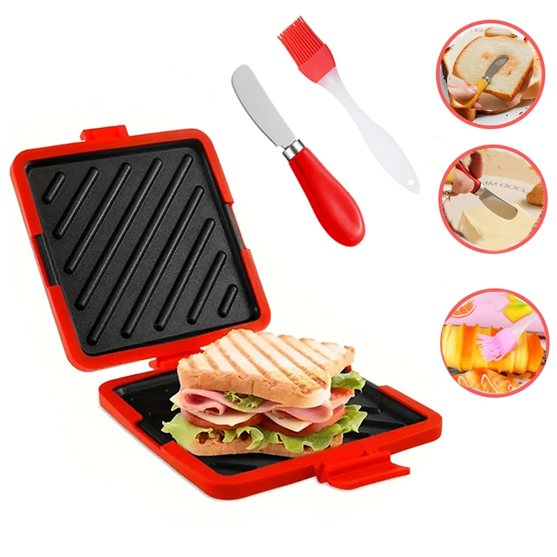 Toaster - เครื่องปิ้งขนมปังแบบ 3 ชิ้น พร้อมมีดเนยและแปรงทาน้ำมัน ชุดอุปกรณ์ครัวสำหรับทำขนมปังปิ้งและแซนวิช