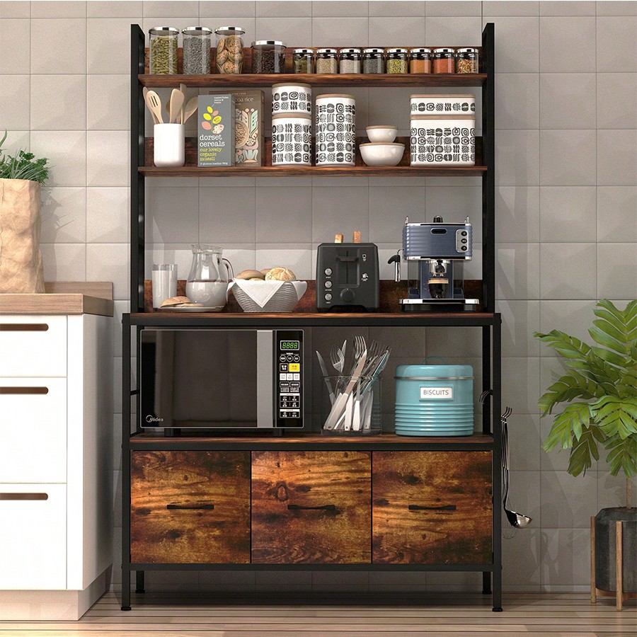 Microwave Oven - ชั้นวางของในครัวพร้อมตะกร้า 3 ใบ, ชั้นวางของในครัวแบบตั้งพื้น 5 ชั้น,