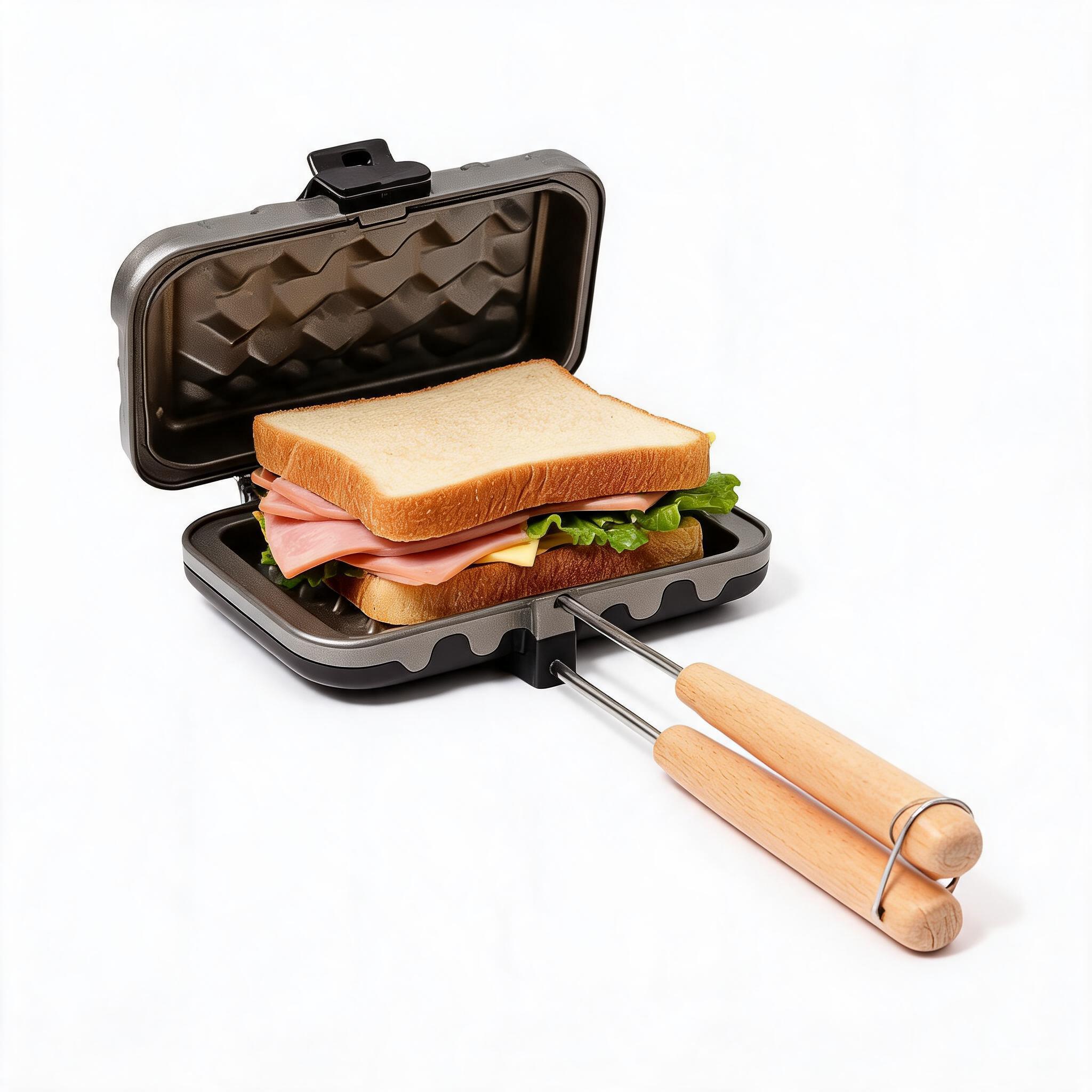 Toaster - เครื่องทำแซนด์วิชพร้อมด้ามจับไม้, กระทะย่างแซนด์วิชแบบพกพาไม่ติดกระทะ, เครื่องปิ้งขนมปังสองด้านสำหรับทำอาหารเช้าสำหรับการตั้งแคมป์และใช้ในบ้าน