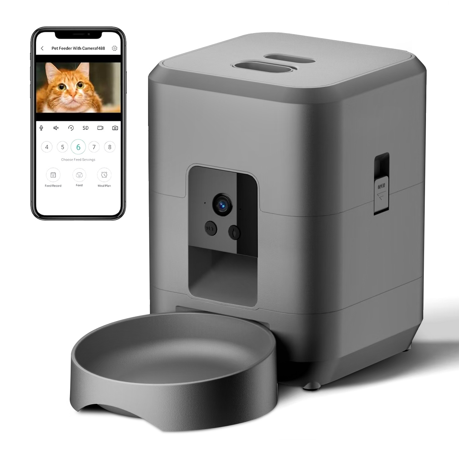 Kitchen Appliances Video - เครื่องให้อาหารแมวอัตโนมัติพร้อมกล้อง, เครื่องให้อาหารสุนัขอัตโนมัติแบบวิดีโอ, เครื่องให้อาหารสัตว์เลี้ยงอัจฉริยะควบคุมผ่านแอพ, เครื่องจ่ายอาหารแมวขนาด 2 ลิตร