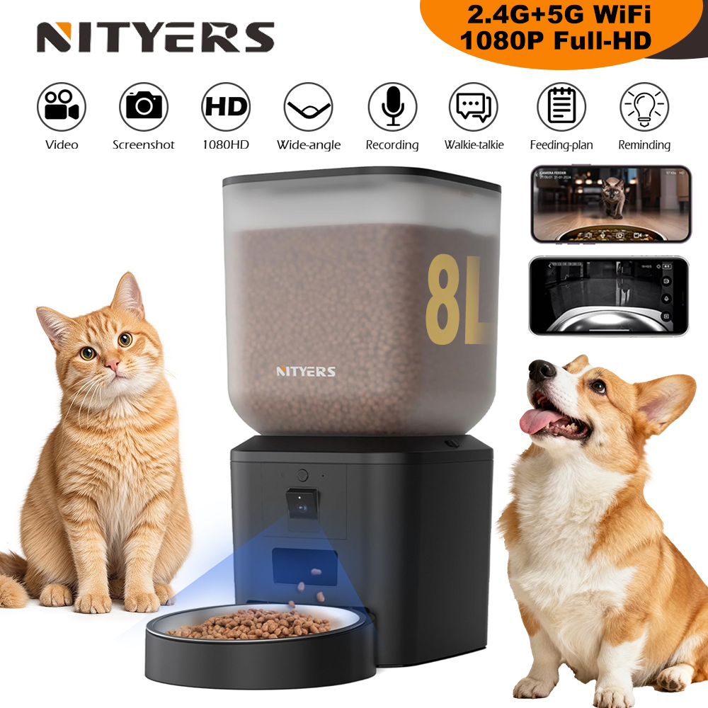 Kitchen Appliances Video - เครื่องให้อาหารแมวอัตโนมัติ Nityers 8 ลิตร พร้อมกล้องวิดีโอ 1080p
